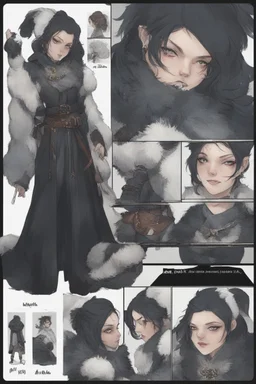 A dnd character sheet. A woman dressed for the cold north dressed in dark furs, with black hair