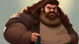 fantasy style illustration: a huge giant man like Hagrid from Harry Potter. On this man was a huge mantle made of thick linen, and he girded himself with a belt of five fathoms, and his beard is like a stack of cornsilk.