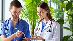 male and female doctor with stethoscope examining bunch of herbal plants and smiling