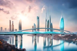 Dreamlike Skyline of Downtown futuristic hightech city in 4050 and a stunning futuristic Bridge During with dark clouds and storm, over the azur-silver color river, cold colors, come storm, high detalied, sci-fi, landscape