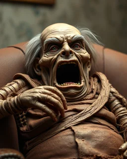 a chubby really old decrepit realistic male mummy, looks similar to donald trump, leaned over in a brown chair, mouth open