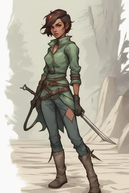 Dnd character. A female Tiefling ranger with very short hair, wearing adventure clothes. Cool, funny, beautiful.