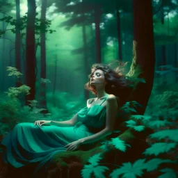 surreal woman relaxing in the forest