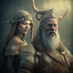 old viking with his wife, scary, steam punk, realistic, made in octane, cinematic, ultra-realistic, extremely detailed octane rendering, 8K, VRAY Super Real ar 2:3, dof photorealistic futuristic 50mm lens hard lighting dark gray tintype photograph, realistic lighting, sepia color