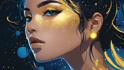 A profile view of a woman's face with yellow luminous glitter on it, style of Kilian Eng, by Jibrish Jaali, connectedness, wet reflections in eyes, cerulean skin, falling stars, medibang- dreaming of outer space, anime visual, john Stephens, connectedness, anime artwork,anime style, key visual, vigrat, studio anime, highly detailed