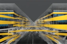 Double exposure transparent glich picture silhouette of a building, bridges, white noise, distorted, abstract patterns, glitch art with distorted shapes, optical illusion, gray-yellow and blue gradient effect, rhythmic noise particles. Grain scored texture. Black background.