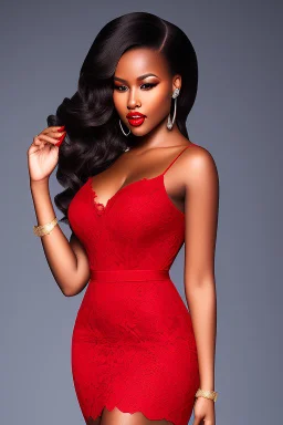 very beautifull black curvy woman, sexy red lace mini dress with make up,dynamic ligth,bright background ,blue backlight