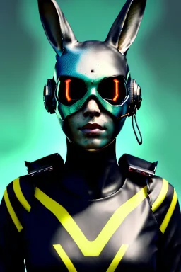 Medium Close Up Portrait, Front image. cyberpunk, rabbit mask, teenager, asian woman, cyber helmet head. Latex dress. Yellow, black, color. Mad max style. renaissance ornaments, Color background, photo studio. Front image, highly detailed, concept art, smooth, unreal engine 5, ray tracing, RTX, lumen lighting, ultra detail, volumetric lighting, 3d, finely drawn, high definition, high resolution.