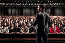 The image shows a confident speaker on stage, addressing a large audience with enthusiasm. The audience seems distracted and interested, and the setting exudes an atmosphere of elegance and impact.
