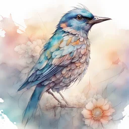 Bird Portrait of Digital watercolor Illustration of a summerscape sunset, by Waterhouse, Carne Griffiths, Minjae Lee, Ana Paula Hoppe, Stylized watercolor art, Intricate, Complex contrast, HDR, Sharp, soft Cinematic Volumetric lighting, flowery pastel colours, wide long shot, perfect masterpiece