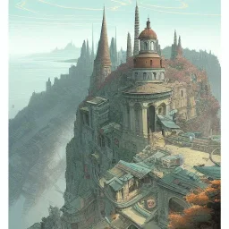 Skyline+city on inslands+Trainstation on cliff+Vignola classicism +palladio+detailed facades+uphill road+trees+ biopunk+Book illustration by Gediminas Pranckevičius, Jean Baptiste Monge, Brian Kesinger, Anton fadeev, Kilian Eng, strong lines, high contrast vibrant colors, highly detailed, 16k resolution, trending on behance