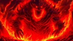 Fantasy digital illustration: 300-foot lava monster, very fierce and scary-looking.