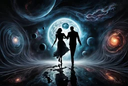 surreal nightmare style, a dancing couple glides across the floor, their shadows melding together as they move in perfect synchronization in galaxy between the planets. The lights flicker, casting strange shadows on the walls. The atmosphere is dark and foreboding, painted with deep, ominous colors that seem to drain all light, dark smoke, a storm rages adding to the eerie ambience as the couple continues to dance, crepy stunning, masterpiece, cinematic