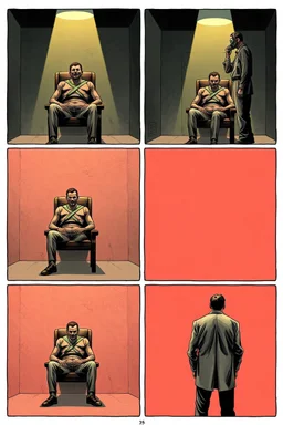 a page divided into 6 rectangular panels, each with different views of a man strapped to a chair and being interrogated by a man standing with a gas mask on, lower and higher perspectives, front and back, overhead light, suspenseful torture graphic novel, comic book