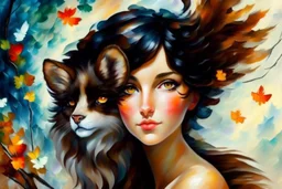 an irresistibly adorable image of a whimsical brunette woman creature with black hair and hazel eyes. Envision a charming being with fluffy, onyx-colored fur or hair that frames its endearing face. in the blowing wind Leonid Afremov