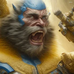 angry Wolverine warrior in Blue and yellow battle armor, a highly detailed illustration, background of Inka jungle, realistic render, 8 k, micro detail, intricate, elegant, centered, digital painting, Artstation, smooth, sharp focus, illustration, artgerm, tomasz alen kopera, peter mohrbacher, donato giancola, joseph christian leyendecker, wlop, boris vallejo