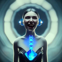 a happy woman holding a blue crystal up to the sky and screaming, steam punk, realistic, made in octane, cinematic, ultra-realistic, extremely detailed octane rendering, 8K, VRAY Super Real ar 2:3, dof photorealistic futuristic 50mm lens hard lighting dark gray tintype photograph, realistic lighting