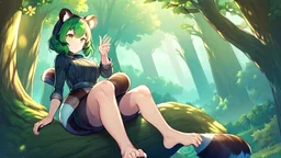 Girl, green hair, raccoon ears, raccoon tail, raccoon face, forest, sit on tree, raccoon paws on hand, paws on foot