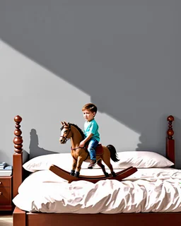 My Gemini prompt/Pixverse animation. Prompt: A square digital painting of a young boy sitting on a rocking horse in his bedroom, his translucent light grey shadow which is on the wall beside him depicting an outline of a boy galloping a real horse, the image depicts the dreams child have. Hyper-realistic hyper-vibrant hyper detailed