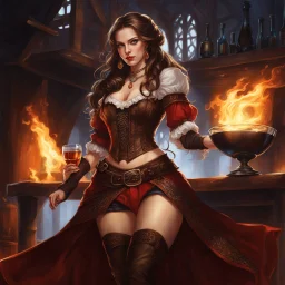 A young woman with pale skin and long brown hair in a fantasy tavern setting with intricate details. She is smirking, a tavern wench pouring a glass of whiskey, has intense red eyes, intimidating presence. High definition.