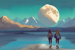 illustration concept art water color style for teenagers in other planet watching the moon and mountains having adventure two teenagers are walking mystery weird cretures mushroomsexiting