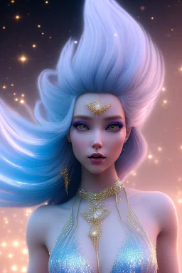 woman glitter blue fairy in a galactic ambiance, long blue hair, detailed gorgeous smile, delicate colors in the foreground, full of details, smooth, light effect，vaporwave colorful, smooth, extremely sharp detail, finely tuned detail, ultra high definition, 8 k, unreal engine 5, ultra sharpBeautyful smiling young woman, long hair amazing blue eyes, flowers, happy cosmic, bright colors, blue, pink, gold, jewels, realistic, photo real, clear sunny background, highly detailed, high contrast, 8k 