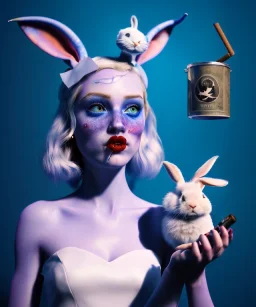 Ultra realistic wonderland portrait, hot, blonde happy woman and white rabbit, smoking a pipe, blue slim dress, circus dress style, black headband with bow, old school tattoo, smoke, marijuana garden, glow eyes, perfect iris, soft color, highly detailed, unreal engine 5, ray tracing, RTX, lumen lighting, ultra detail, volumetric lighting, high definition.