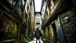wide angle shot, looking up from the bottom of a narrow courtyard or alleyway, towering old apartment buildings with many windows on both sides, weathered concrete and brick walls, peeling paint, graffiti, exposed pipes and wiring, a single open doorway leads to a dimly lit staircase, a young man in a dark hoodie and jeans stands to the right looking up, dramatic lighting with a bright sky at the top creating a sense of depth and mystery, slightly desaturated colors, gritty texture, cinematic, m