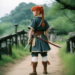 (high res photo by Akira Kurosawa) Grown up red hair Pippi Longstocking is a samurai standing across the path, waiting for a duel, facing the camera