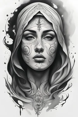 A realistic drawing in negative space black ink on white background of a beautiful saint with abstract brushstrokes face tattoos to enhance her face