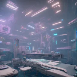 Cyberpunk, hospital modern elevation, Wes Anderson Lut, hyper realistic, 8k, unreal engine 5