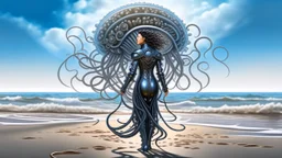 Wide-angle shot of a woman, standing to one side on a beach with huge waves, with dark hair in a silver robotic catsuit, many large jellyfish shaped like mushrooms with tentacles floating in the air, masterpiece, best quality, super detailed