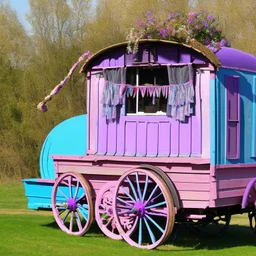 Old fashioned purple, blue and pink gypsy wagon decorated, curtains fluttering in the wind