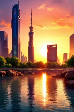 Amazing colorful sunset, buildings, lake, rocks, city, park, cyberpunk, sci-fi, photography hd