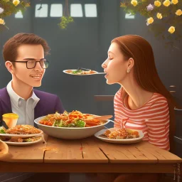 A girl eating a meal with her boyfriend