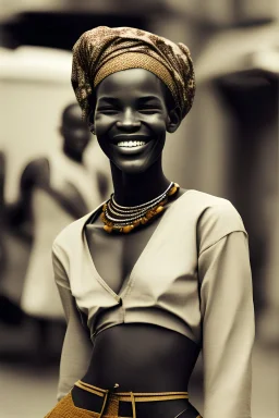 steven meisel street photography, young african traditional woman,smiling happily