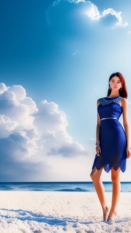 very nice real face beautiful Woman with make up at the beach standing pose in a short lace dark blue and silver dress, full body, 3D coudy sky volumetric nice clouds 8k sharp focus