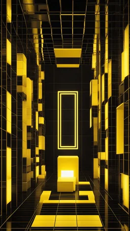 Yellow cubescape, 3D, futuristic, modern, neon, grid, electric, Black, glow, wall, beautifully lit, best quality