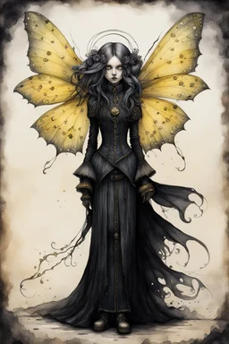 Jean-Baptiste Monge style 19th century hand drawn full body portrait dark gothic fantasy illustration of a walking hybrid Comet moth goth girl, with highly detailed facial features with large sad eyes, drawings, 8k, vibrant natural colors, otherworldly and fantastic, ink wash and watercolor