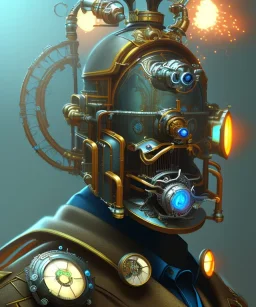 evil mechanical person with a steampunk theme, realistic