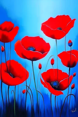 acrylic painting red and blue poppies in minimalism style