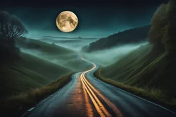 big full moon emerges from the fog over the road, the road twists and turns on the hills , psychedelic, gothic art, very detailed, cinematic, crepy stunning landscape