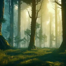 dense forest , sunshine , city in the distance , atmospheric , 8K, super realistic, unreal engine, cinematic lighting, octane render.