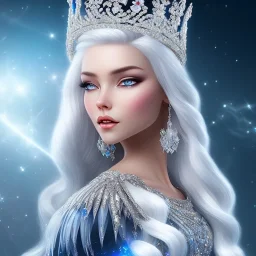 Ice Princess with white hair, a crown with precious stones, bright background