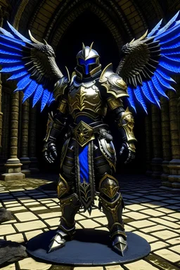 Fallen angel, 3 pairs of black wings, scarred battle plate, paladin armor, scratched paladin helmet, long royal blue cloth waist and hip guards, white and gold armor, sword of light, ruined chapel location, floating above ground, battle damage