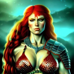 ultra detailed portrait of beautiful Red Sonja, wearing a bikini plate armor, extremely detailed digital painting, extremely detailed face,crystal clear green eyes, in the style of robert e howard and pablo oliveira, mystical colors, rim light, beautiful lighting, 8 k, stunning scene, raytracing