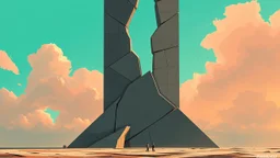 Geometric tower fractured by diagonal cuts, warm‑gray matte surfaces and a vibrating turquoise sky behind it, tiny figures walking at the base to suggest scale, expressive technical illustration style.
