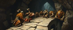 master oil painting by Rembrandt, realistic rendering wild battle on underground bridge, dwarves wielding pickaxes, orcs and mountain trolls, portrait of bugbears, bridge is kinda collapsing