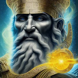 symetrical, centered, ultra detailed, digital art, in center is a portrait of highly detailed greek colossus god zeus surrounded by quantum galaxy codes seeking knowledge, detailed face with human skin color, eyes filled with galaxy, dominating colors = gray light blue and dark gold, lightning, smoke,