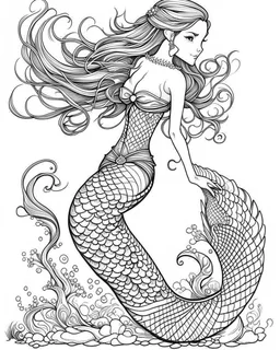 A real mermaid, coloring image, full body (((((white background))))), only use an outline., real style, line art, white color, clean line art, white background, Sketch style